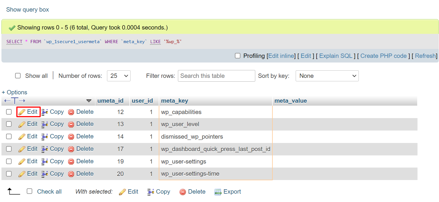 Screenshot showcasing the Edit button in phpMyAdmin