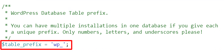 Screenshot displaying the $table_prefix value within the code