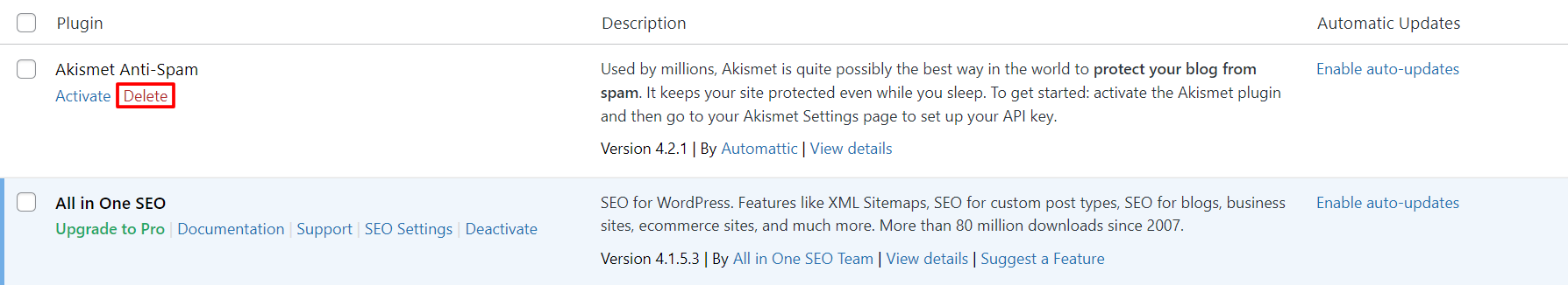Screenshot showcasing the Delete plugin button
