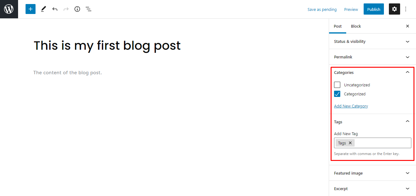 WordPress Gutenberg Editor's add categories and tags function