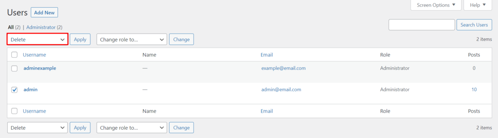 Screenshot of WordPress' users tab
